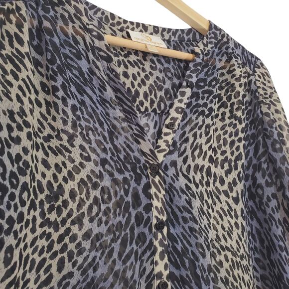 Collective Concepts | Leopard Print Sheer Button Front Blouse Roll Tab Sleeves - Picture 2 of 8